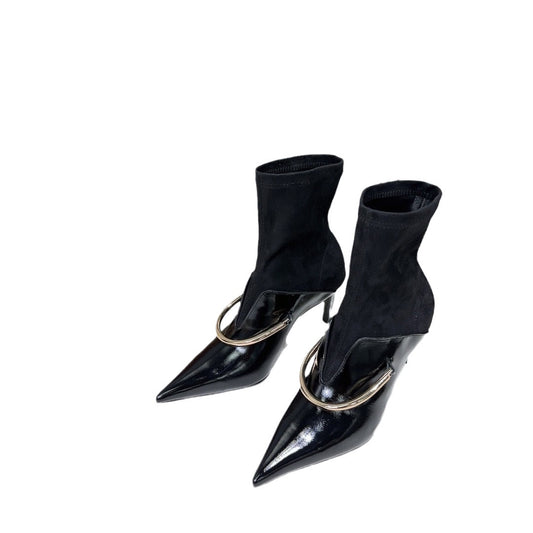 New Fashion High Heel Short Boots Shiny Black Leather Metal Ring Thin Heel Ankle Boots Elastic Boots Sexy Slim Fit Shoes