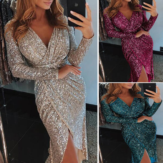 Dress Dress Long Sleeve V-Neck Sequin Dinner Dress Sexy Bar Dress