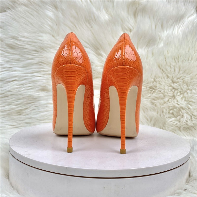 Orange snake patterned socialite high heels   pointed toe thin heels, fashionable and sexy shallow mouth women's shoes