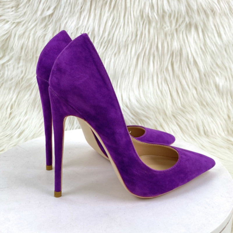 Purple suede high heels slim heels pointed toe shallow cut women's shoes