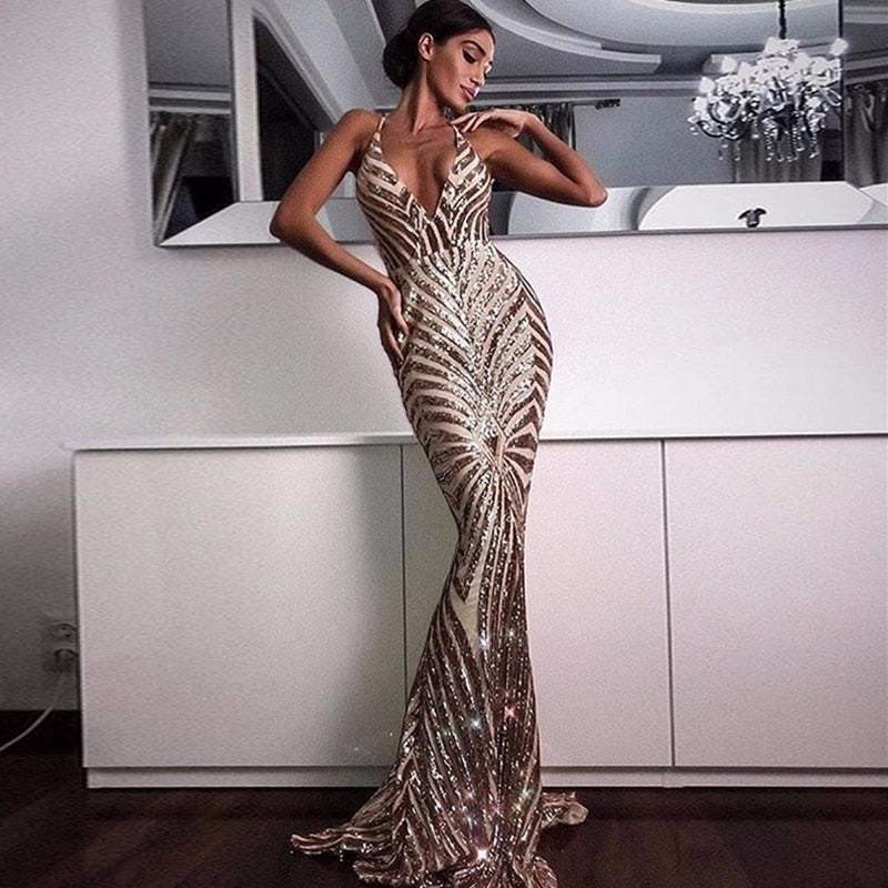 Elegant Deep V Neck Party Dresses Gold Sequined Maxi Dresses Backless Bodycon Evening Club Mermaid Dress