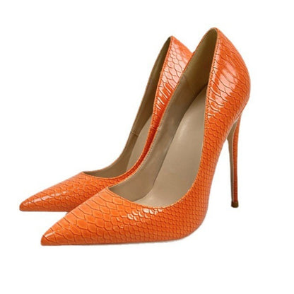 Orange snake patterned socialite high heels   pointed toe thin heels, fashionable and sexy shallow mouth women's shoes