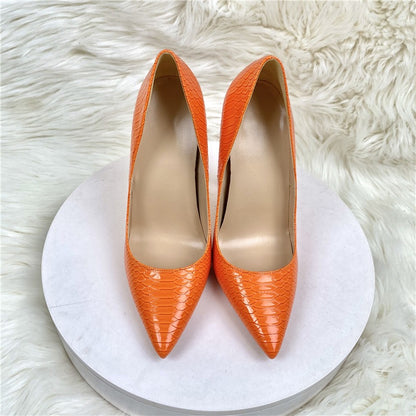 Orange snake patterned socialite high heels   pointed toe thin heels, fashionable and sexy shallow mouth women's shoes