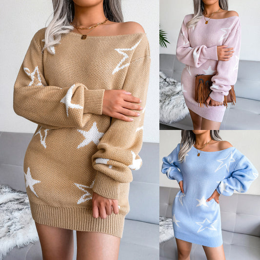 Ins Autumn And Winter Stars Strapless Sweater Dress Knit Dress