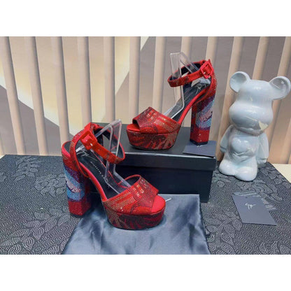 Summer Women Crystal Embellished Sandals Sexy Peep Toe Satin Platform Sandals Chunky Sole Buckle Strap Shoes