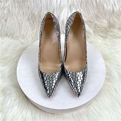 Silver stone patterned high heels, pointed toe thin heels, shallow cut single shoes