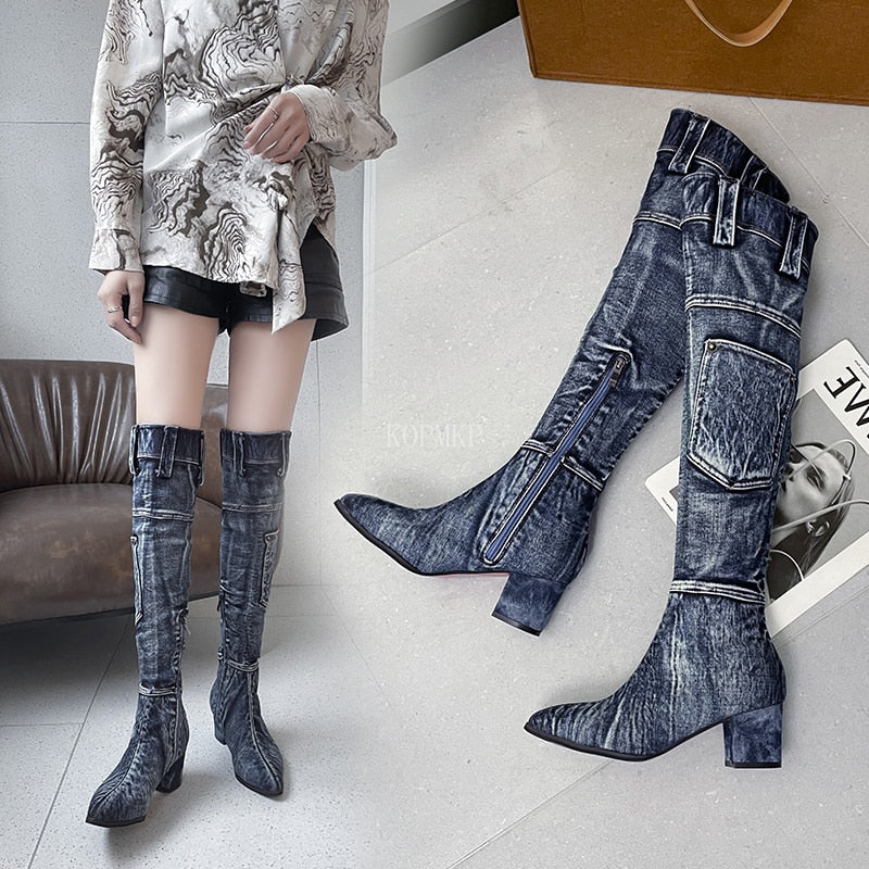 Sexy Jean Boots Women's Knee-High Boot Zipper 6CM High Heel Woman Stylish Jeans Boots Ladies Denim Boot Female Shoes Cowboy