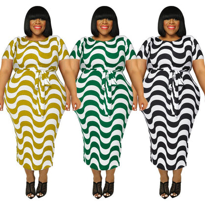 Fashion Short Sleeve Striped Print Bandage Bodycon Casual Dresses Summer Plus Size Women's Dresses