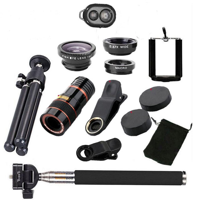 10 in 1 Kits 12x Zoom Telephoto Lens Fish eye Lens Wide Angle Macro Lenses Cell Phone Mobile Tripod