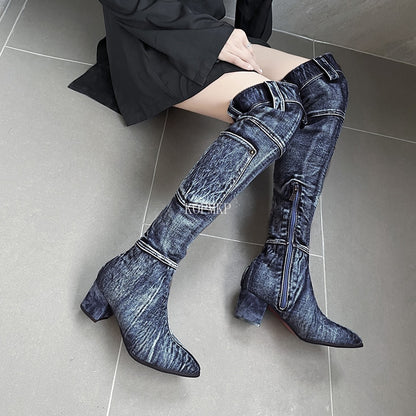 Sexy Jean Boots Women's Knee-High Boot Zipper 6CM High Heel Woman Stylish Jeans Boots Ladies Denim Boot Female Shoes Cowboy