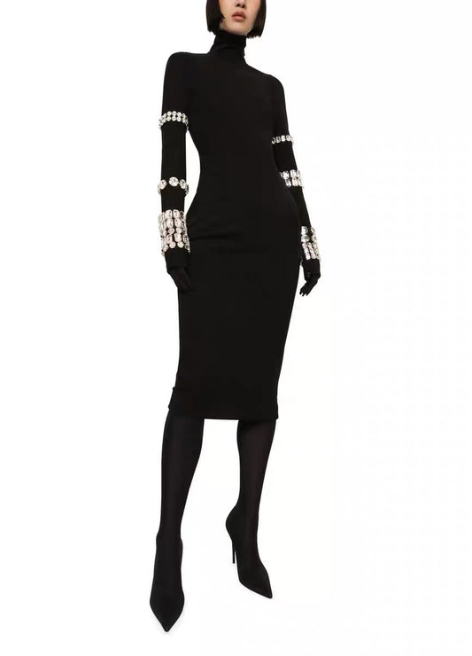 Diamond black high neck long sleeved tight fitting dress, celebrity season autumn and winter knitted bandage long dress