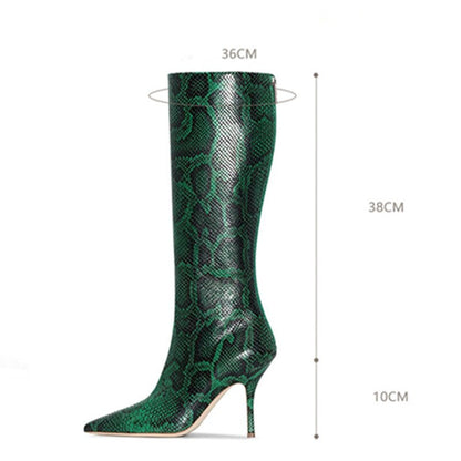 Sexy Women High Knee Boots Thin High Heel Shoes Pointed Toe Stiletto Back Zipper Serpentine Stretch Boots Ladies Demonia Boots