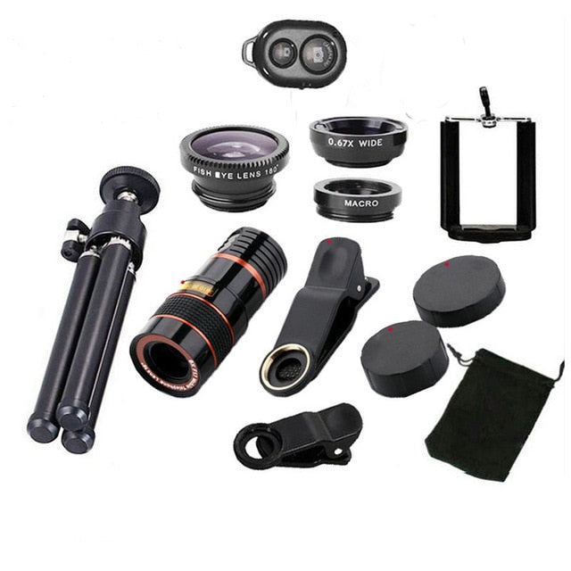 10 in 1 Kits 12x Zoom Telephoto Lens Fish eye Lens Wide Angle Macro Lenses Cell Phone Mobile Tripod