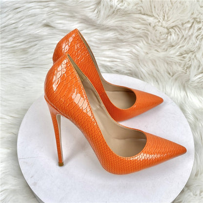 Orange snake patterned socialite high heels   pointed toe thin heels, fashionable and sexy shallow mouth women's shoes