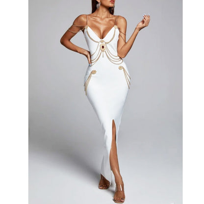 European and American women's sexy chain decoration retro wrap buttocks slim fit slimming dress bandage dress dress dress long dress