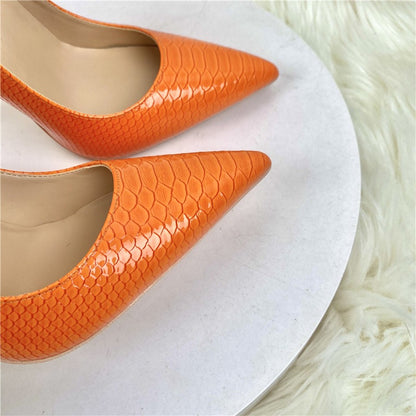 Orange snake patterned socialite high heels   pointed toe thin heels, fashionable and sexy shallow mouth women's shoes