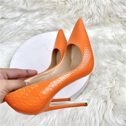 Orange snake patterned socialite high heels   pointed toe thin heels, fashionable and sexy shallow mouth women's shoes