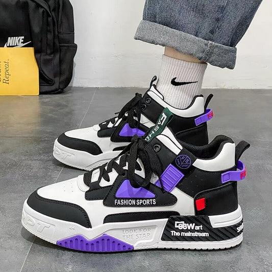 Spring men's new breathable high top shoes, men's trendy and versatile white shoes, thick soled sports shoes, casual board shoes