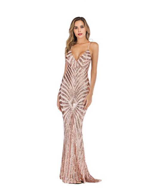 Elegant Deep V Neck Party Dresses Gold Sequined Maxi Dresses Backless Bodycon Evening Club Mermaid Dress