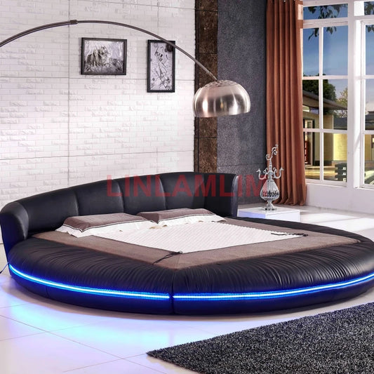 Linlamlim LED light round BED frame camas genuine leather bed кровать двуспальная cama سرير lit 2 personnes cama de casal Nordic