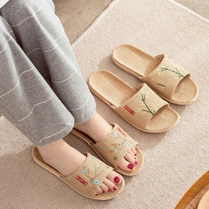 Mntrerm Women Flax Slippers Summer Home Shoes Embroider Floral Sandals Leisure Slides Female Flip Flops Ladies Indoor Slippers