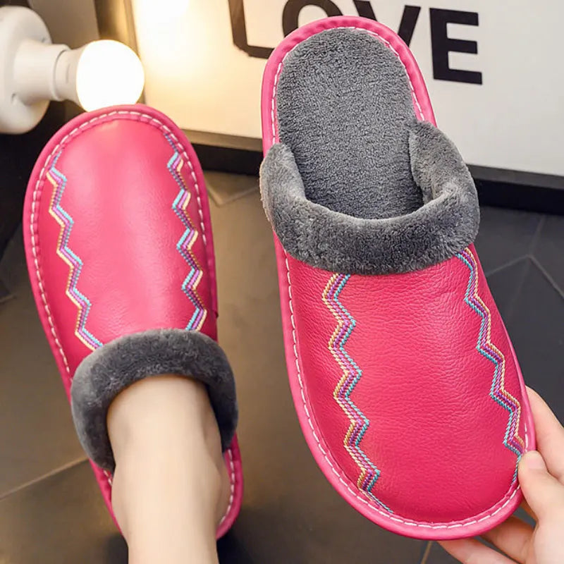 Luxury Brand Genuine Leather Home Slippers Unisex Womens Fur Slides Winter Slippers Female Indoor Shoes Unisex Furry Slides