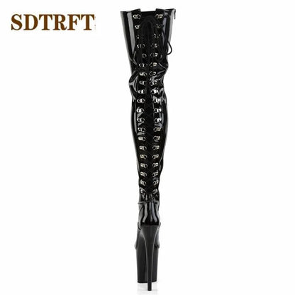 SDTRFT Fetish Botas Mujer 20cm Thin Heels Over The Knee Motorcycle Long boots Round Toe Lace Up Shoes Woman Party Dance Pumps