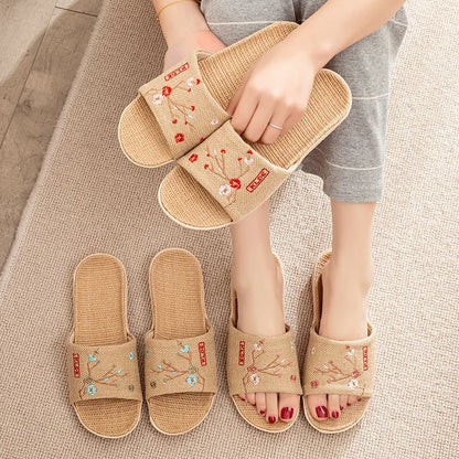 Mntrerm Women Flax Slippers Summer Home Shoes Embroider Floral Sandals Leisure Slides Female Flip Flops Ladies Indoor Slippers