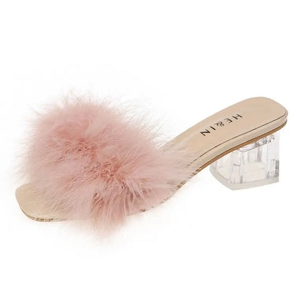 Mules Sandal Women Summer Outdoor Fashion Slippers Square Toe High Heels Office Ladies Feather Slides Chic Classics Furry Shoes