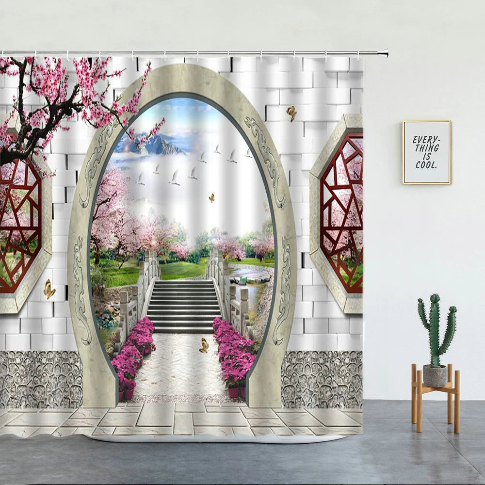 Chinese Natural Scenery Shower Curtains Retro Style 3D Arch Door Decor Bathroom Set Polyester Fabric Background Wall Decoration