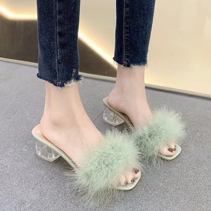 Mules Sandal Women Summer Outdoor Fashion Slippers Square Toe High Heels Office Ladies Feather Slides Chic Classics Furry Shoes