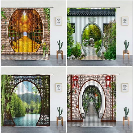 Chinese Natural Scenery Shower Curtains Retro Style 3D Arch Door Decor Bathroom Set Polyester Fabric Background Wall Decoration