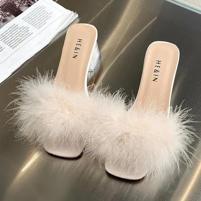 Mules Sandal Women Summer Outdoor Fashion Slippers Square Toe High Heels Office Ladies Feather Slides Chic Classics Furry Shoes