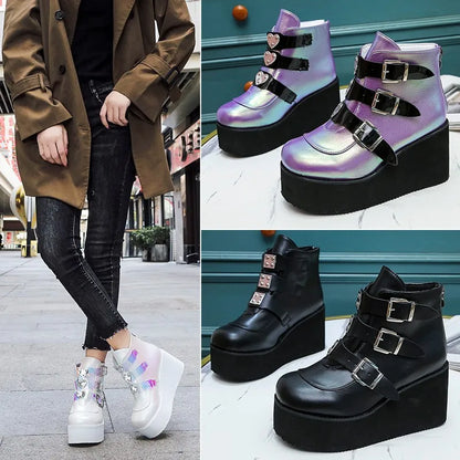 Size 42 43 Goth Shoes Winter Buckle Ankel Boots Women Punk Female Platform Boots Wedges High Heels Women Boots Botas Mujer