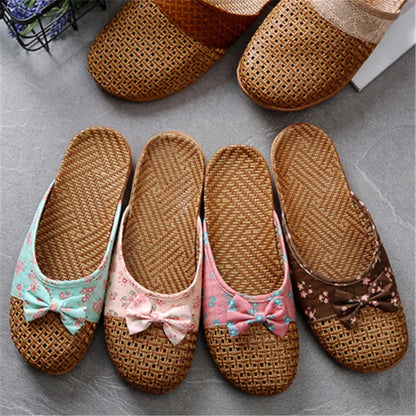 Shose Women Slippers Summer Beach Flip Flops Breathable Linen Flat Slippers Female Casual Flax Bow Ladies Slippers Sandals Shoes