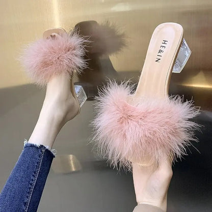 Mules Sandal Women Summer Outdoor Fashion Slippers Square Toe High Heels Office Ladies Feather Slides Chic Classics Furry Shoes