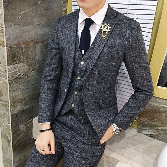 ( Jacket + Vest + Pants ) Men's England Plaid Casual Suit Mens Classic Single Button Official Suit Groom Wedding Dress Suit