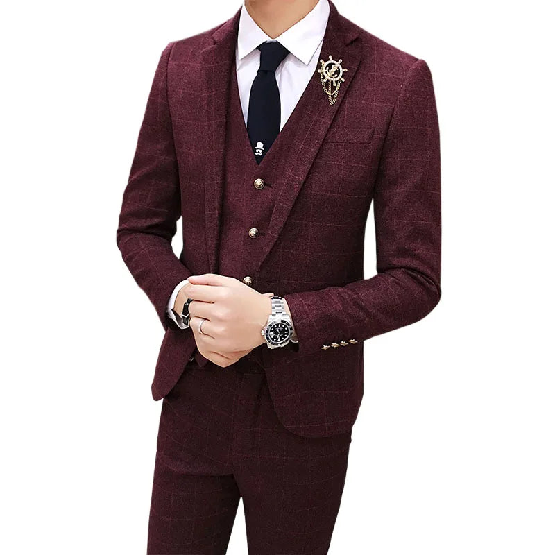 ( Jacket + Vest + Pants ) Men's England Plaid Casual Suit Mens Classic Single Button Official Suit Groom Wedding Dress Suit