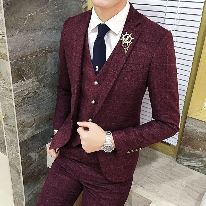 ( Jacket + Vest + Pants ) Men's England Plaid Casual Suit Mens Classic Single Button Official Suit Groom Wedding Dress Suit