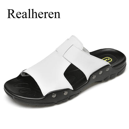 Summer Men Leather Slides Slippers Plus Size 50 51 52 Casual Shoes Outdoor Beach Black Soft Sandals Flat New Fashion 2021