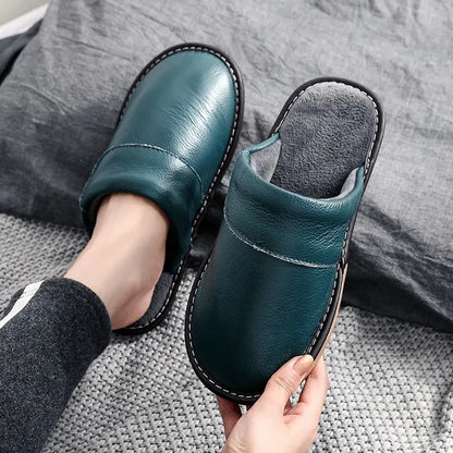 Mens genuine leather indoor shoes unisex big plus size 35-46 solid green bedroom waterproof slippers warm shoes man