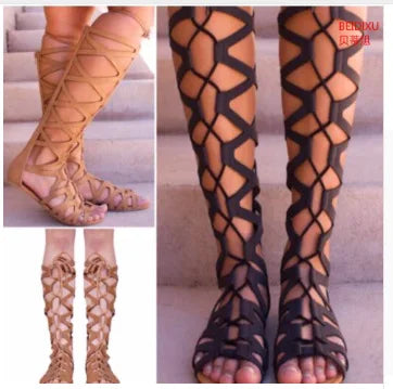 Roman Gladiator Bandage Sandals Women Knee High flat sandalias botas femininas Women Shoes Girls Summer hollow Ankle Boot hjm7