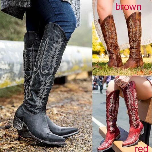 Women Knee High Boots Mid Med Heels Round Toe Ethic Shoes Woman Chaussure Zapatos Mujer Gladiator Vintage PU Girl Booties89