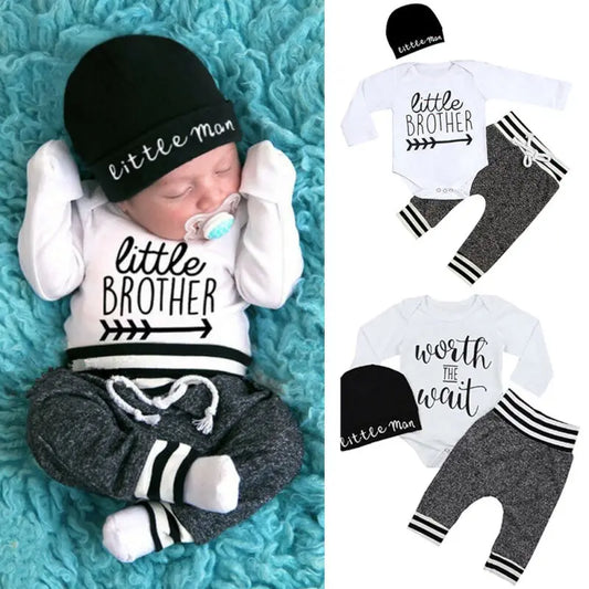 0-18Months Newborn Infant Baby Boy Clothes Cotton Sets Long Sleeve Romper Pant Hats Outfit 3Pcs Baby Warm Clothing