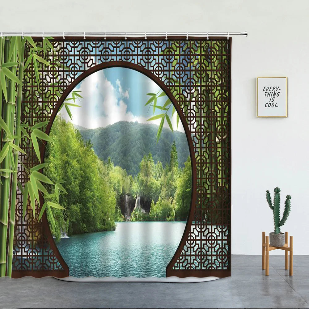 Chinese Natural Scenery Shower Curtains Retro Style 3D Arch Door Decor Bathroom Set Polyester Fabric Background Wall Decoration