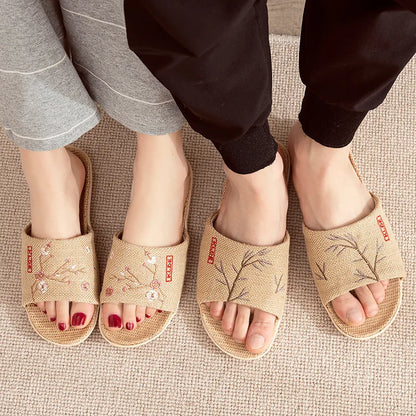 Mntrerm Women Flax Slippers Summer Home Shoes Embroider Floral Sandals Leisure Slides Female Flip Flops Ladies Indoor Slippers