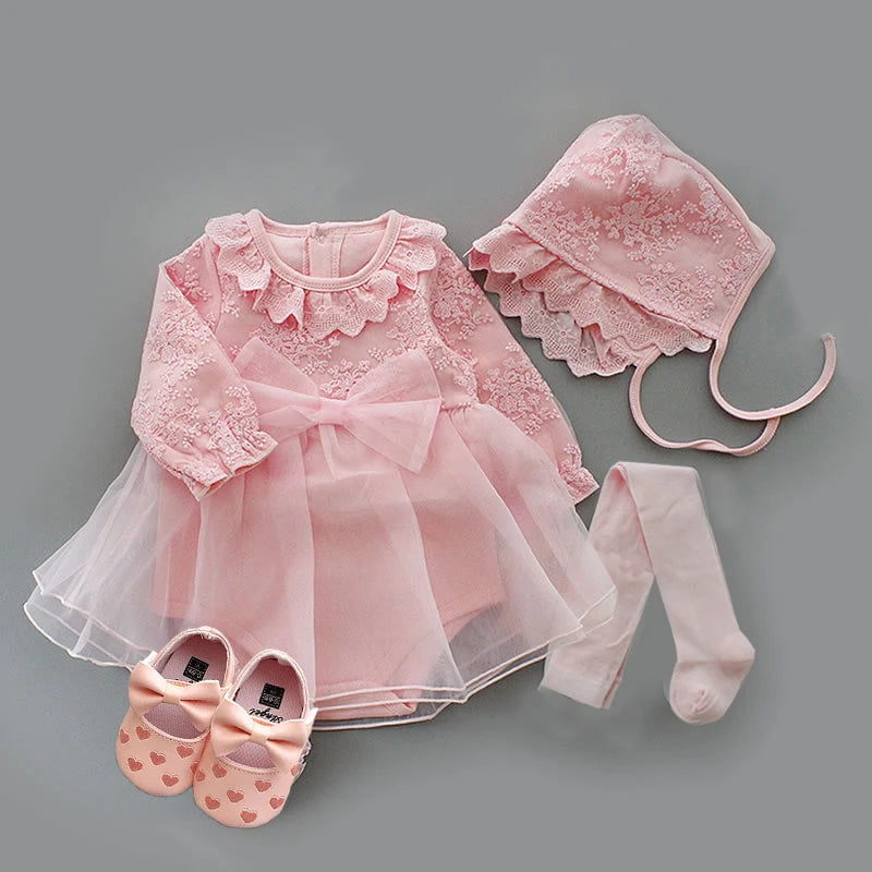 Newborn Baby Girl Dresses Clothes For 0-3 Month Set Party Birthday Dress Outfits 0-1 Years Shoes Tights & Long Socks Christening