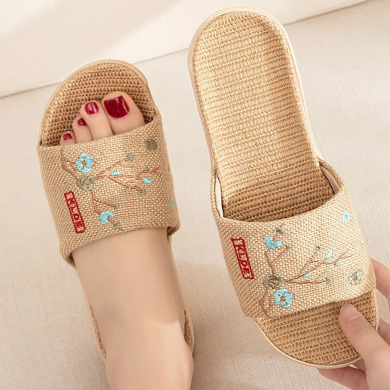 Mntrerm Women Flax Slippers Summer Home Shoes Embroider Floral Sandals Leisure Slides Female Flip Flops Ladies Indoor Slippers