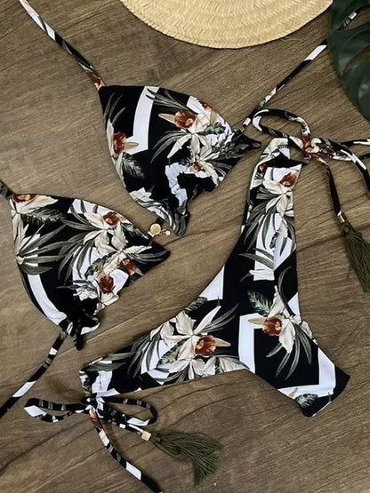 Printed Cutout Bikini Tethered Swimwear Summer Printed Bikini Lace Swimsuit