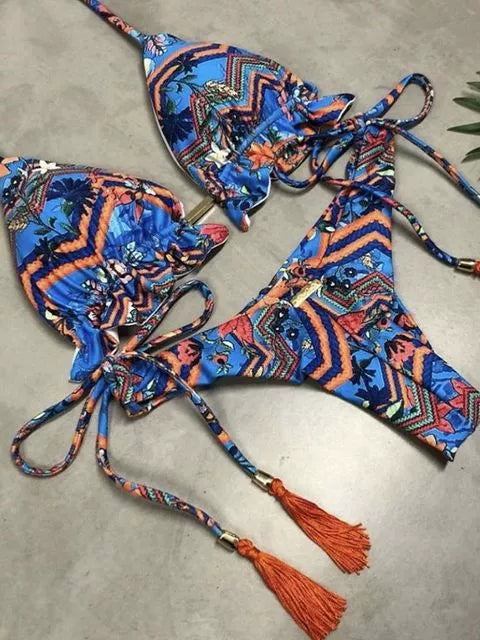 Printed Cutout Bikini Tethered Swimwear Summer Printed Bikini Lace Swimsuit